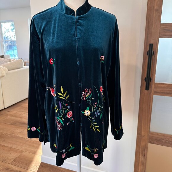 Susan Graver | Womens L Jacket Embroidered Floral Art-to-Wear Velvet Boho Asian - Picture 1 of 11